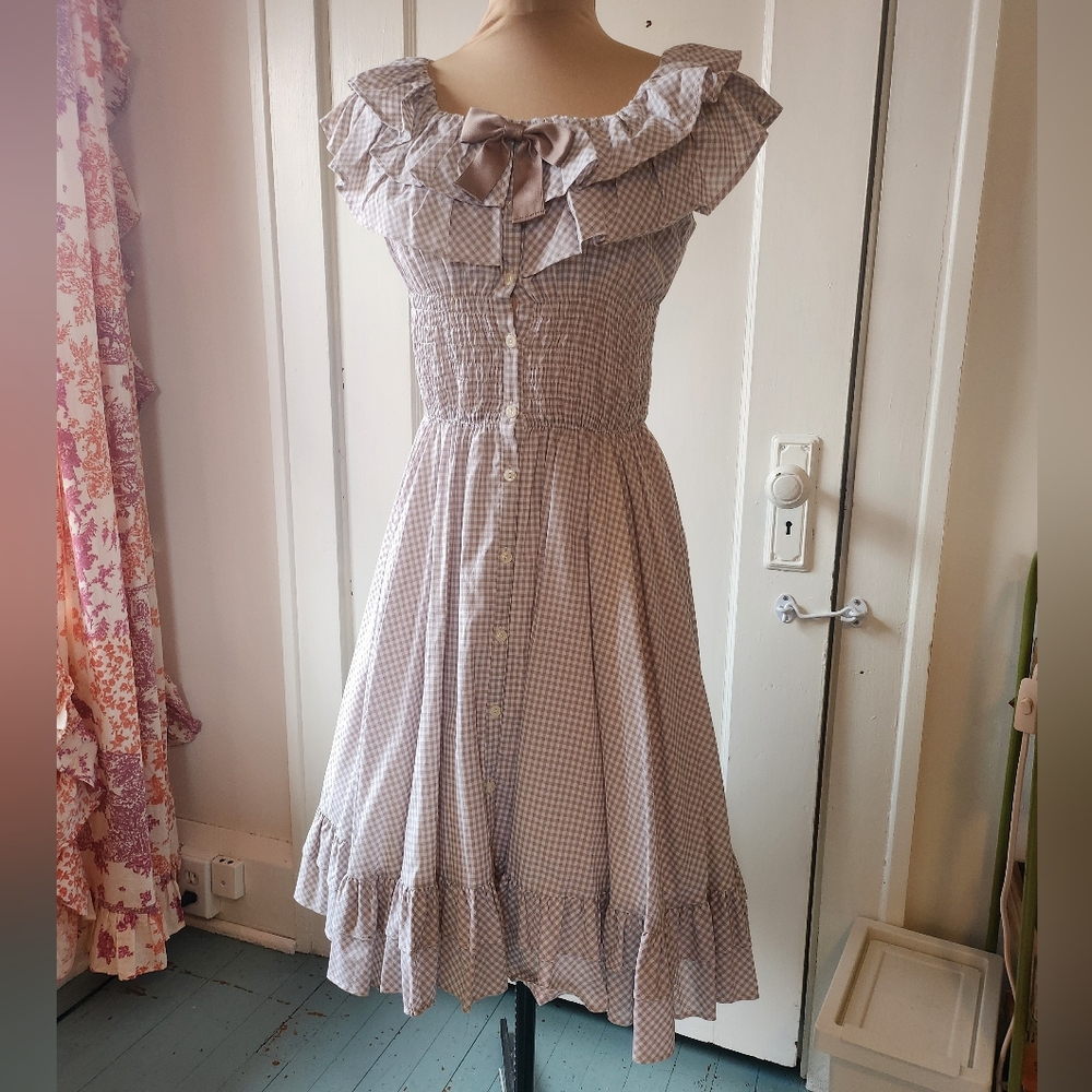 Victorian Maiden Shirring Frill JSK Dress in Beige Gingham EGL Lolita